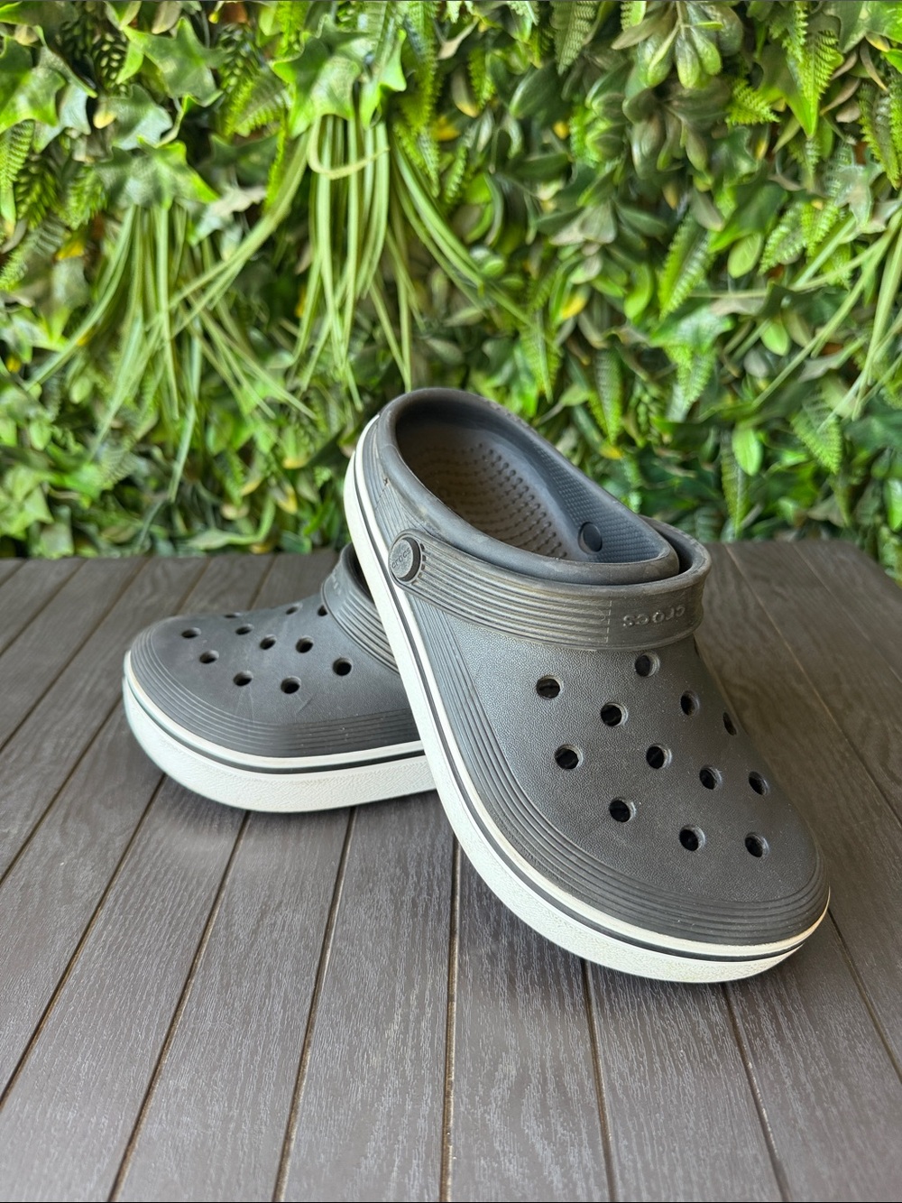 Black Croc-Style Slip-On Clogs with White Sole